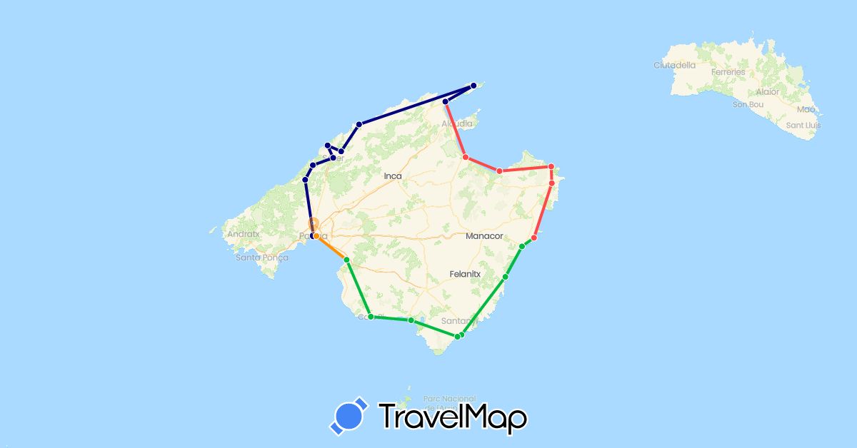 TravelMap itinerary: driving, bus, hiking, hitchhiking in Spain (Europe)